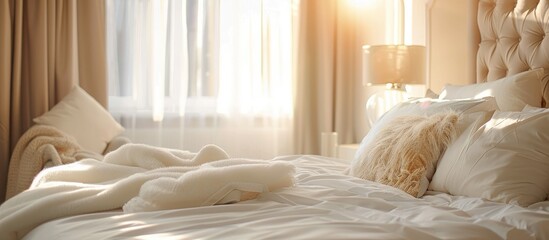 Fototapeta na wymiar Luxurious Bedroom Interior Decor with White Pillow and Blanket