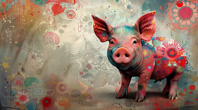 A playful piglet in a colorful, abstract setting with splattered paint and a grunge texture background.