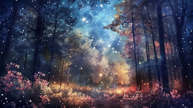 Fantasy Forest Scene With Magical Watercolor Flowers Glowing Under A Starry Sky, Creating An Atmosphere Of Wonder And Enchantment.