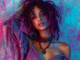 Colorful portrait of a stylish young woman; vibrant portrait of a young woman with curly hair and eclectic fashion against a multicolored backdrop