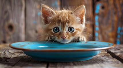 Cute ginger kitten on a blue plate on a wooden background. - obrazy, fototapety, plakaty