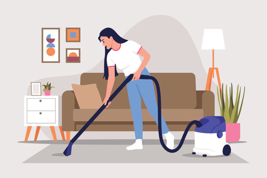 Vector illustration of a girl cleaning the room. Cartoon scene of a girl vacuuming the floor in a room with a modern interior: a sofa, posters on the wall, a bedside table, flower pots, a floor lamp.