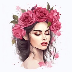 Beautiful woman with flowers wreath on the head, watercolor on white background