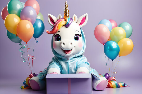 unicorn and gift box on festive background with balloons