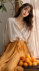 A portrait of a beautiful young asian woman with long hair in cotton beige shirt and yellow skirt