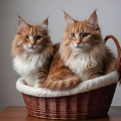Red maine coon Cat Relaxing Inside a Wicker Basket