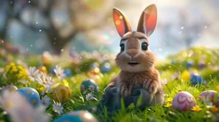 Cute cartoon Easter bunny in the meadow. 