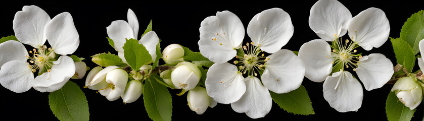 White Apple flowers on black background, romantic spring white flowers copy space for header, banner, web, cards, cherry flowers summer wallpapers with isolated flowers