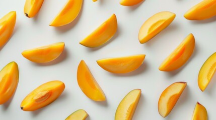 Minimalistic design featuring mango slices with ample negative space, emphasizing simplicity and modern aesthetics. - obrazy, fototapety, plakaty