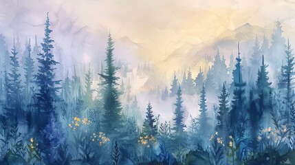Misty watercolor forest at dawn with wildflowers gently swaying, embodying the quiet beauty and mystery of the wilderness.