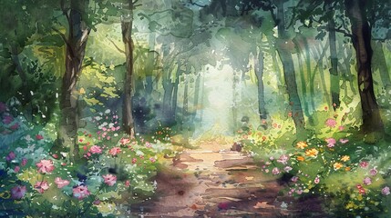 Mystical watercolor forest path lined with enchanting flowers, leading to an unknown magical destination. - obrazy, fototapety, plakaty