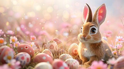 Fototapeta na wymiar Cute cartoon character Easter bunny on the meadow. Easter hunt concept