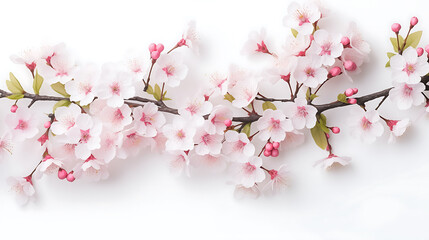 Up-close Cherry blossom on white background, isolated Sakura tree branch