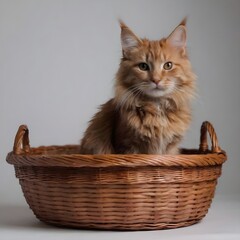 Fototapeta na wymiar Red maine coon Cat Relaxing Inside a Wicker Basket