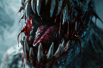 Scary monster with bloody mouth and sharp teeth, 3d illustration - obrazy, fototapety, plakaty