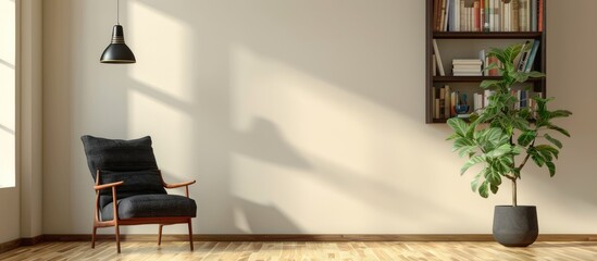 Dark armchair with cushion, bookcase, and indoor plants beside light-colored wall - obrazy, fototapety, plakaty