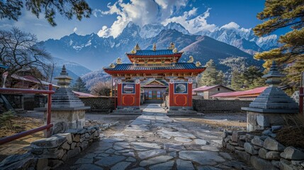 The highest Buddhist monastery in Nepal, Tengboche - obrazy, fototapety, plakaty