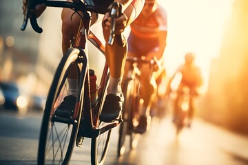 Cyclists cycling on the road in the morning. Healthy lifestyle - Powered by Adobe