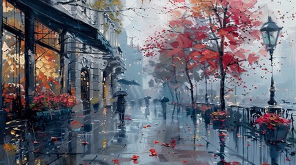 Sombre oil painting of a rainy autumn day in the city, with wet streets reflecting the muted colors of trees and flowers.