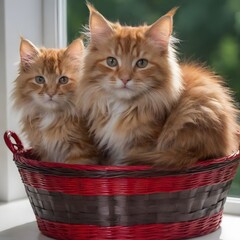 Fototapeta na wymiar Red maine coon Cat Relaxing Inside a Wicker Basket