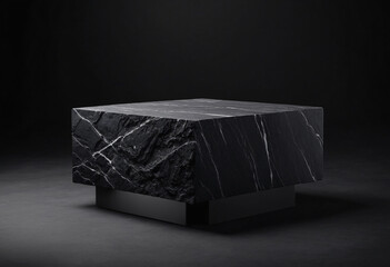 Black stone pedestal in stage for product display presentation on black background. Minimalistic organic showcase