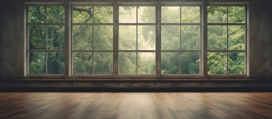 A room in a building with numerous windows overlooking a beautiful garden, showcasing a wooden floor that complements the natural elements of the plants and trees outside