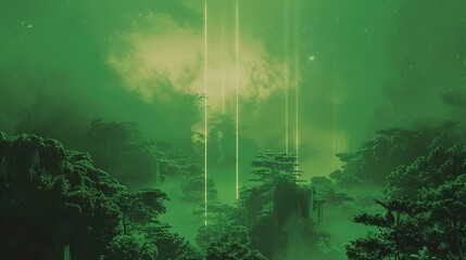 Rainforest shrouded in green and brown cosmic fog, in Vaporwave style, with pulsar beams