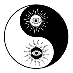 Black and white Yin and Yang sign with eyes clipart. The concept of mental balance. Concept of Chinese philosophy, the sign means opposites. 