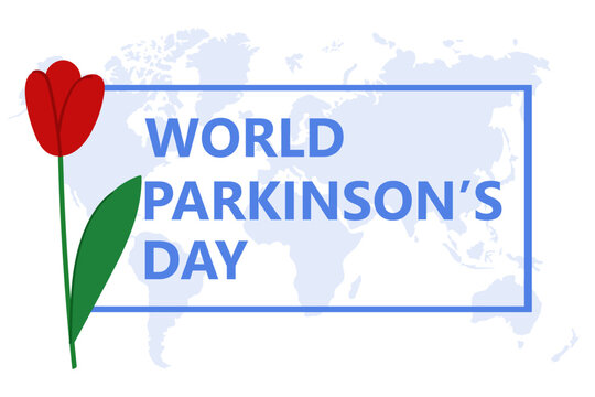 World Parkinson's Disease Day banner. Observed annually on April 11. An illustration of a world map, text and red tulip. Banner, poster, brochure, flyer, greeting card template.