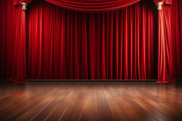 Red stage curtain and wooden floor with spotlights. illustration.