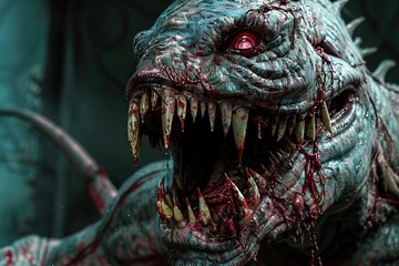 Scary monster with bloody mouth and sharp teeth, 3d illustration - obrazy, fototapety, plakaty