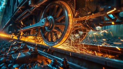 A close-up of train wheels grinding against tracks, with sparks flying in a mesmerizing dance of light and steel, captured in High-Speed Photography