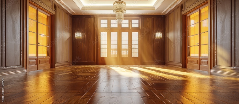 Wall mural The warm amber light from the sun shines through the windows of a hallway in a brown building, illuminating the hardwood flooring and wood fixtures