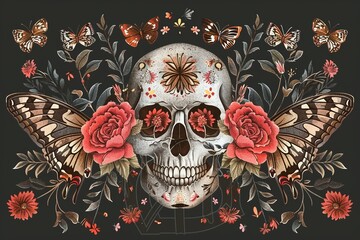 Skull with flowers and butterflies. Illustration on black background - obrazy, fototapety, plakaty