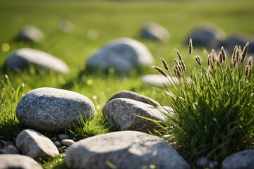 Grass fields meadow with rocks