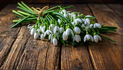 Obraz na płótnie Canvas Bouquet of snowdrops on wooden background. Snowdrop Background Images Natural colors bright background. Generative AI