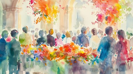 Watercolor celebration in a flower-adorned hall, capturing moments of joy, decoration, and the festive spirit of human gatherings.