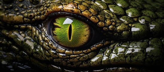 A closeup of a crocodiles eye, showcasing the intricate details of its iris and eyelashes against a black background, highlighting the beauty of this terrestrial reptiles head - obrazy, fototapety, plakaty