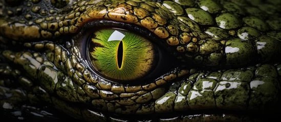 Poster A closeup of a crocodiles eye, showcasing the intricate details of its iris and eyelashes against a black background, highlighting the beauty of this terrestrial reptiles head © 2rogan