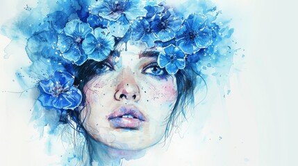 Watercolor portrait of a mysterious woman with blue flowers in her hair