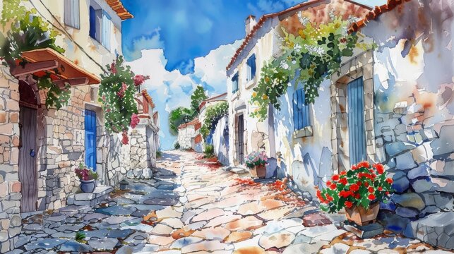 Watercolor painting of a quaint cobblestone street lined with flowers and old-world charm, evoking nostalgia and a sense of place.