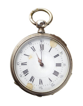 Silver antique pocket watch isolated on transparent background