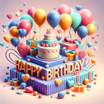 Happy birthday wallpapers greeting cards 3D happy birthday background, birthday cake illustration with candles Gifts for children and adults, 3d of birthday cake. Generative AI.