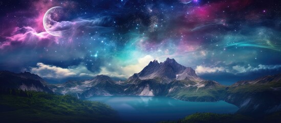 A mesmerizing natural landscape with a mountain reflecting in a serene lake, under a purple sky with a galaxy shining in the background - Powered by Adobe