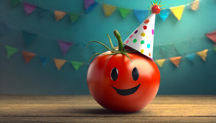 illustrations d'une tomate rouge avec un sourire et des yeux noirs portant un chapeau de fête sur un fond vert en dégradé et une guirlande multicolore en effet bokeh 