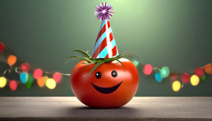 illustrations d'une tomate rouge avec un sourire et des yeux noirs portant un chapeau de fête sur un fond vert en dégradé et une guirlande multicolore en effet bokeh  - obrazy, fototapety, plakaty
