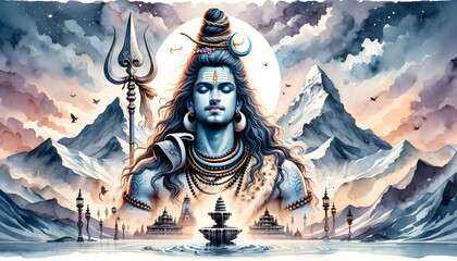 Watercolor painting illustration of lord shiva in meditation with a trident.