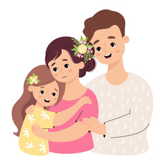 Happy family. Cute man father, mother and daughter. Vector illustration