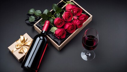 Top view rose and wine in gift box on empty black background, space for text, empty space for advertising
