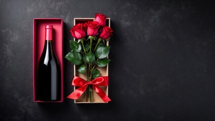 Top view rose and wine in gift box on empty black background, space for text, empty space for advertising